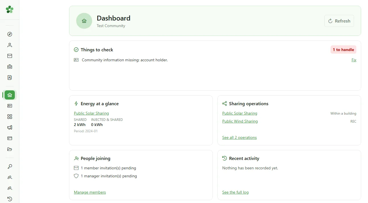 A manager's dashboard in OptimCE, with the things to check and the energy shared.