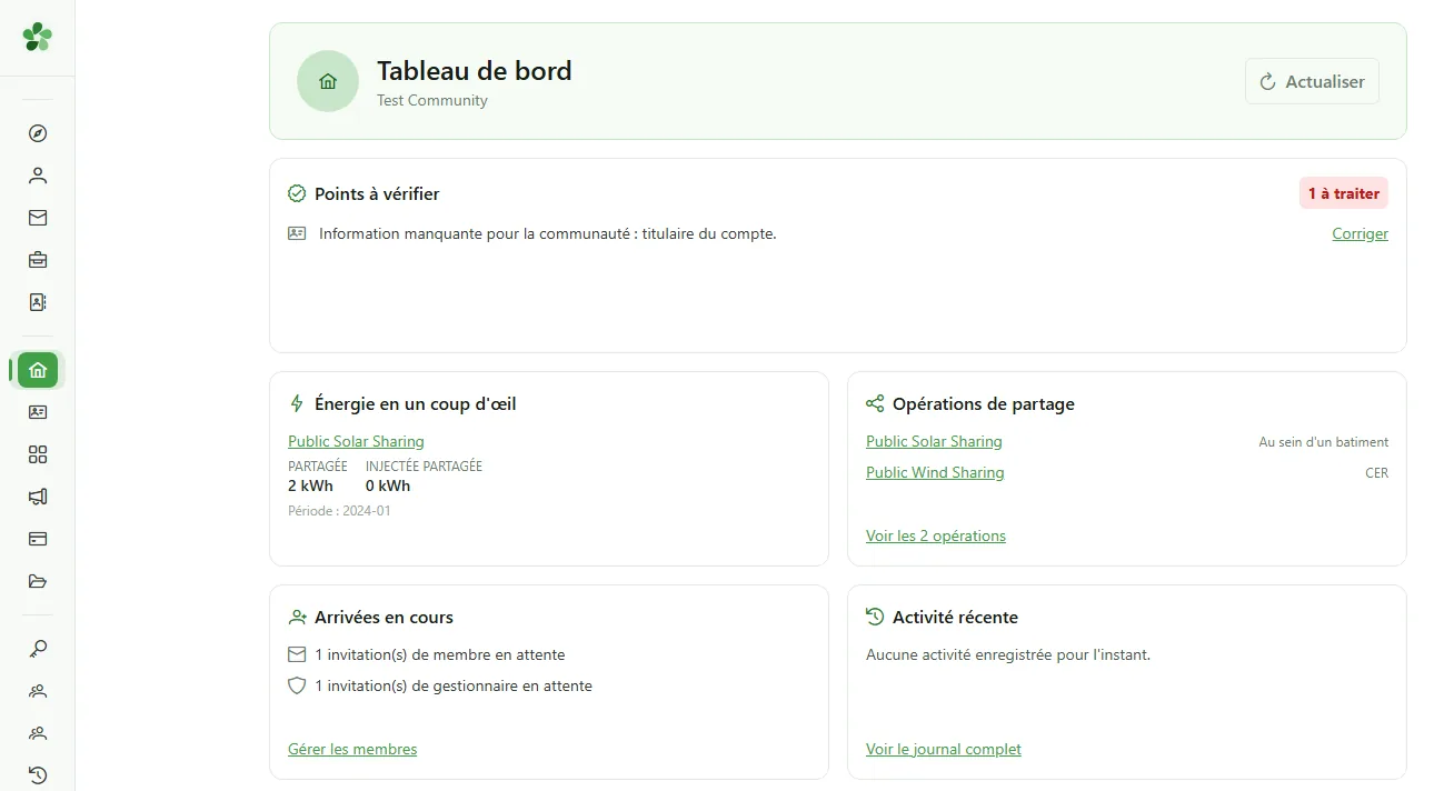 Le tableau de bord d'un gestionnaire dans OptimCE, avec les points à vérifier et l'énergie partagée.