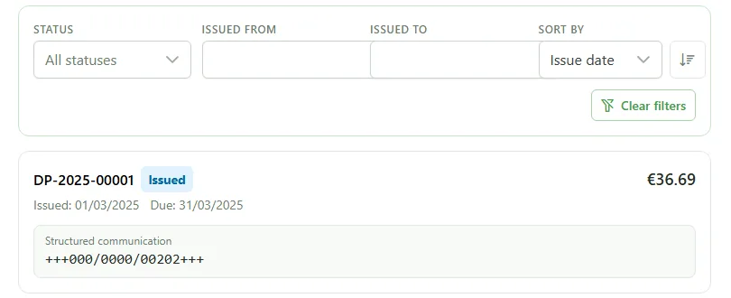 A member's “My invoices” area: remuneration statement DP-2025-00001, status “Issued”, €36.69, with its structured payment reference, labelled “Structured communication” in the interface.