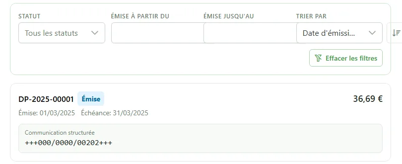 Espace « Mes factures » d'un membre : un décompte de rémunération DP-2025-00001 au statut « Émise », de 36,69 €, avec sa communication structurée.