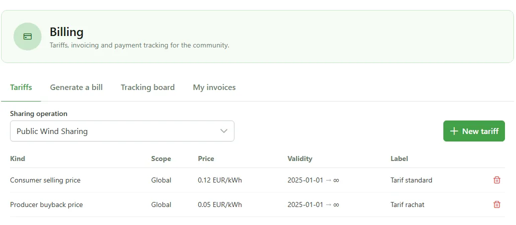 The “Tariffs” tab of the Billing module: a consumer selling price of €0.12/kWh and a producer buyback price of €0.05/kWh, both with global scope and valid from 1 January 2025.