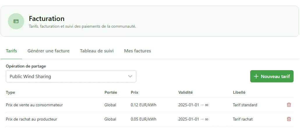 Onglet « Tarifs » du module de facturation : un prix de vente au consommateur de 0,12 €/kWh et un prix de rachat au producteur de 0,05 €/kWh, tous deux de portée globale et valables à partir du 1er janvier 2025.