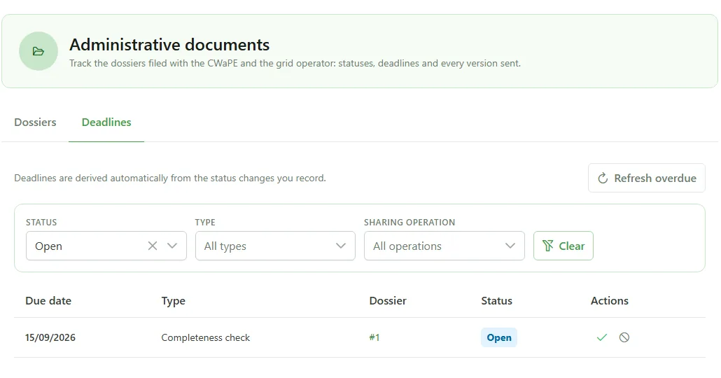 Reiter „Deadlines“ der Verwaltungsdokumente („Administrative documents“) in der englischen Oberfläche: eine Vollständigkeitsprüfung („Completeness check“), fällig am 15.09.2026 für Dossier Nr. 1, mit dem Status „Open“.