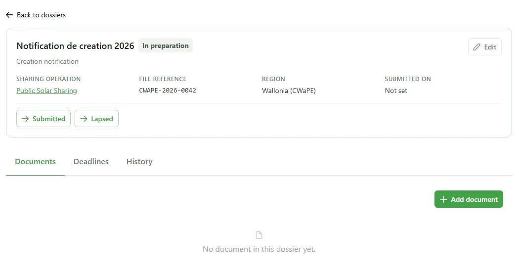 A “Creation notification” dossier with status “In preparation”: sharing operation, file reference CWAPE-2026-0042, region “Wallonia (CWaPE)”, “Submitted” and “Lapsed” buttons, and “Documents”, “Deadlines” and “History” tabs.
