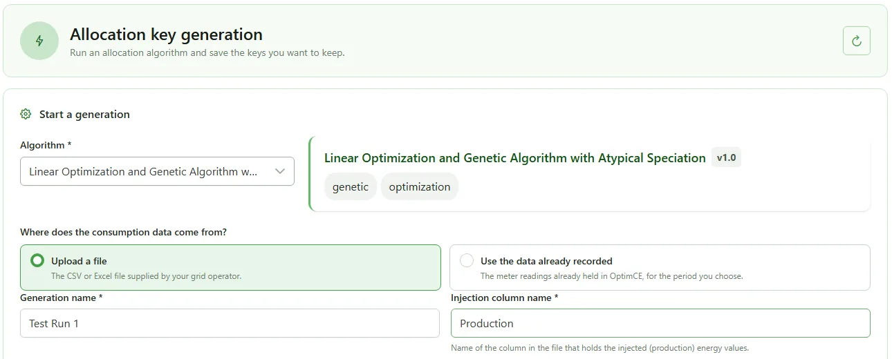 The “Start a generation” form: the algorithm “Linear Optimization and Genetic Algorithm with Atypical Speciation” is selected, with the generation name, the injection column “Production” and the drop zone for the source file.