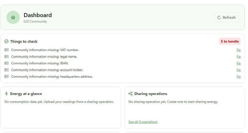 Dashboard of a new community: “Things to check” lists five missing items (VAT number, legal name, IBAN, account holder, headquarters address), and there is no sharing operation yet.