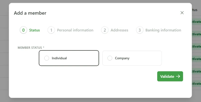 First step of the “Add a member” wizard: choosing the member status, Individual or Company, followed by the Personal information, Addresses and Banking information steps.